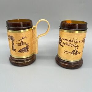2 Vintage Souvenir Mugs Panama Beach Amber Glass Wood Alvin Island Stein Set NWT